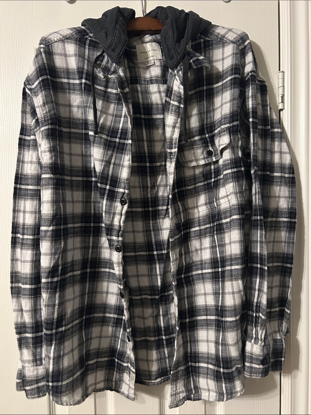 American Eagle Outfitters Black and White Plaid Button-Down Shirt with Hood